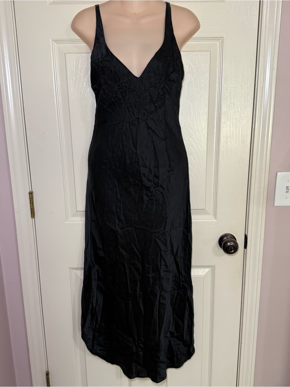 Vintage Victoria's Secret Black Silk Slip Dress S 90's Embroidered Gold Label